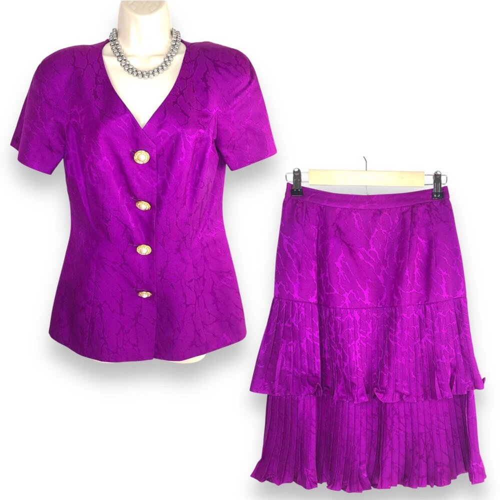 Rimini Saks Fifth Avenue Purple Evening Top Skirt Suits Sz 6 Silk Gold Bottons